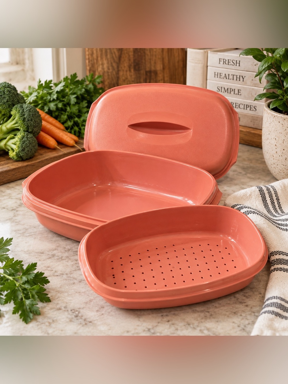 Vintage Tupperware Microwave Steamer 6 Cup Coral Salmon Covered Dish Insert
